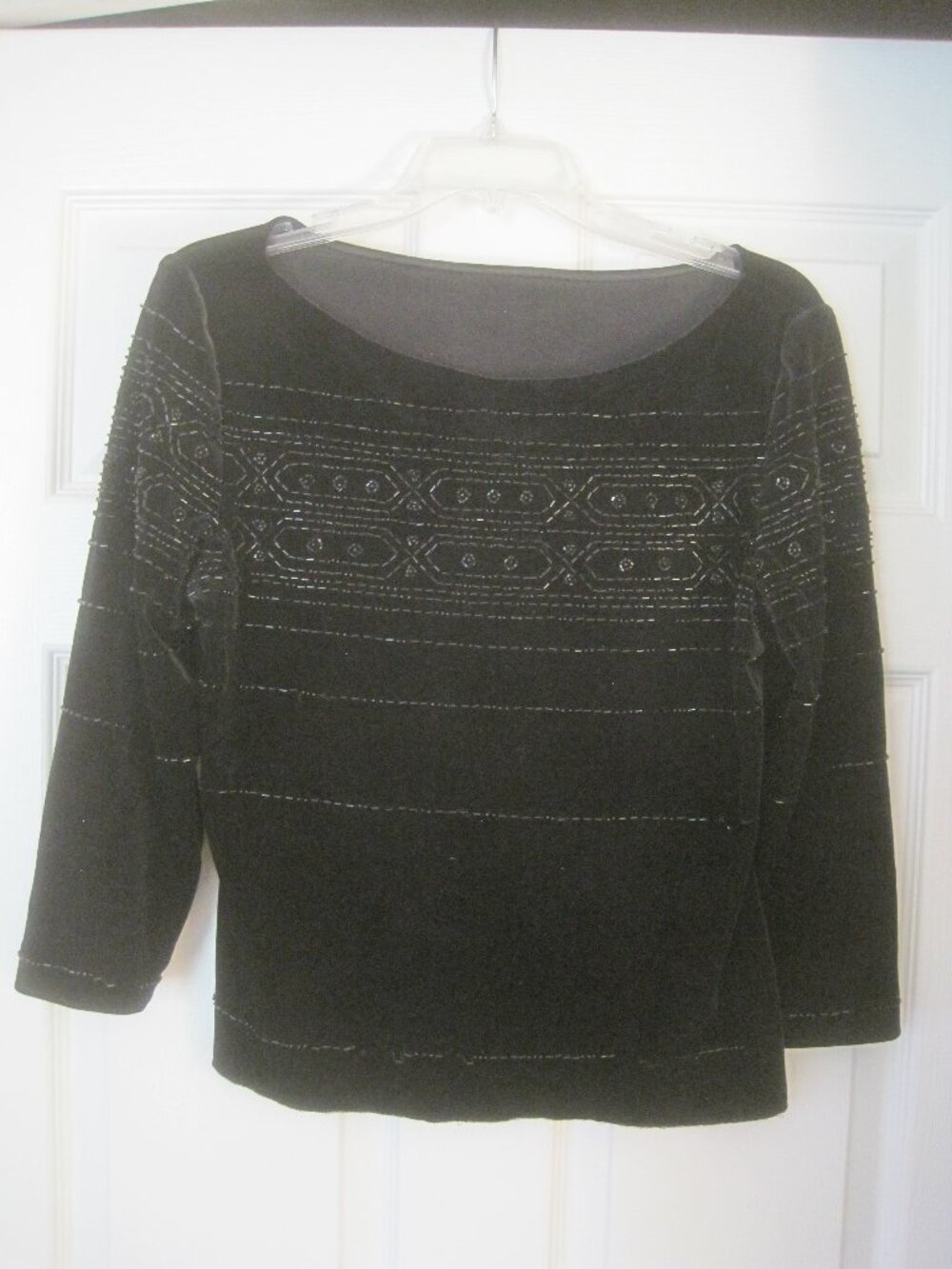 BLACK VELVET 3/4 SLEEVE EVENING TOP WITH BLACK BUGLE BEADS LARGE